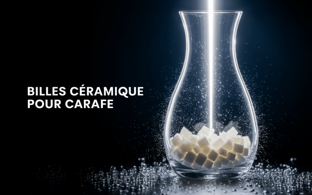 Carafe en verre avec billes céramiques filtrant de l'eau pure