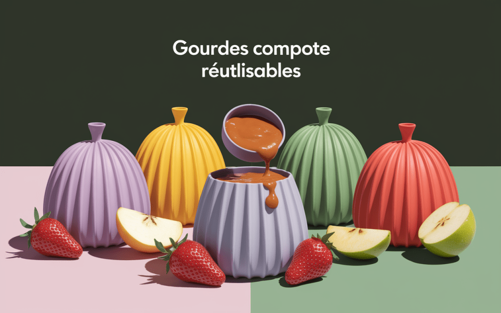Gourdes compote réutilisables colorées avec fruits frais