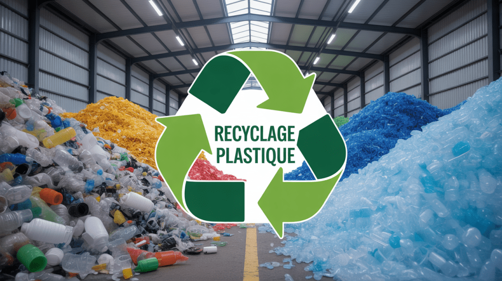 Usine de recyclage avec déchets plastiques et granulés recyclés