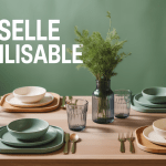 Vaisselle réutilisable variée sur table en bois