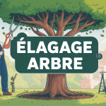 Illustration jardinier professionnel élagage arbre scie élagueuse grande branche