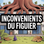 Illustration inconvénient du figuier avec racines envahissantes et fruits au sol