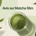 Poudre verte Matcha Slim avec feuilles et balance