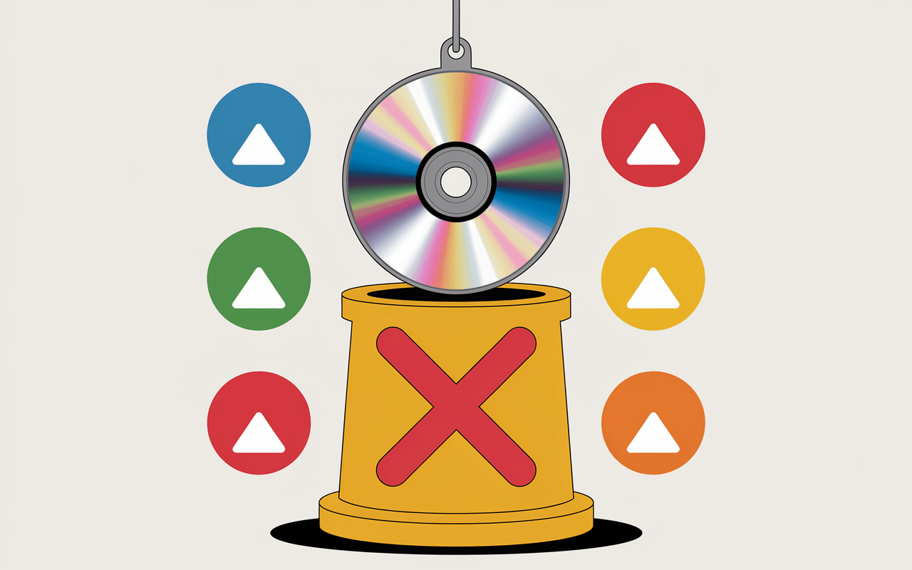 CD avec X rouge au-dessus d'une poubelle jaune