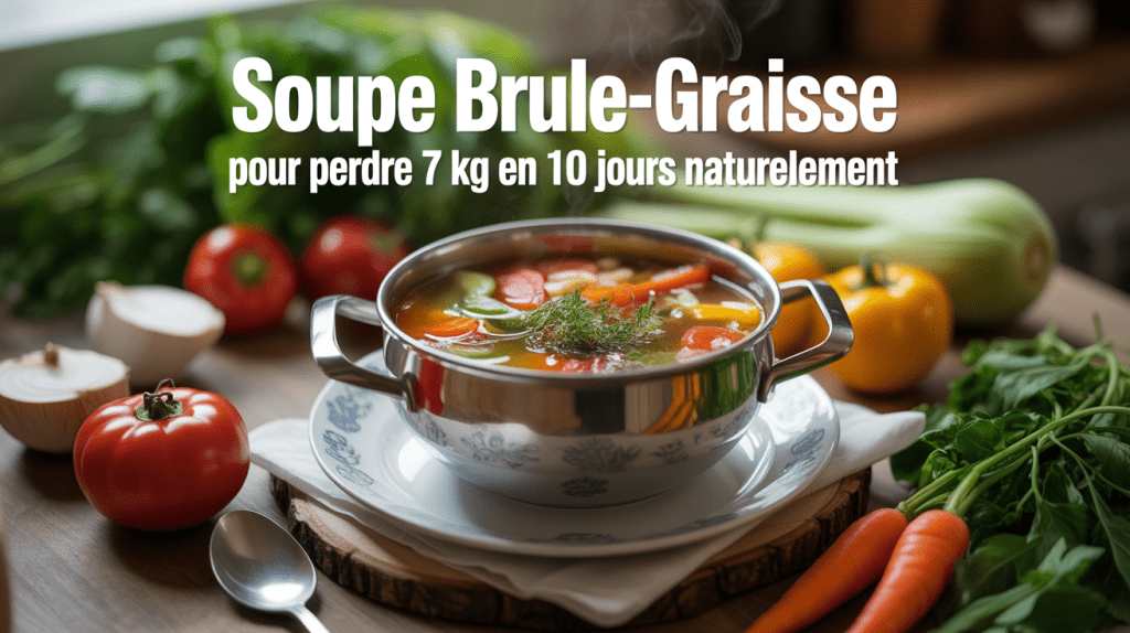 Bol de soupe brûle-graisse entouré de légumes frais