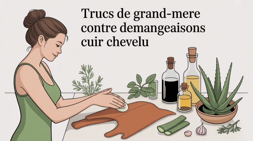 Femme se grattant le cuir chevelu entourée d'ingrédients naturels