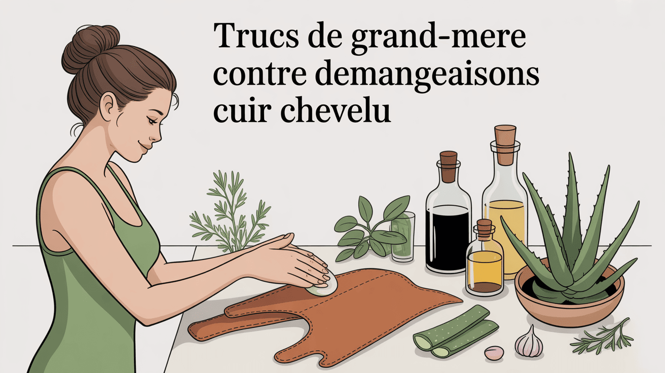 Femme se grattant le cuir chevelu entourée d'ingrédients naturels