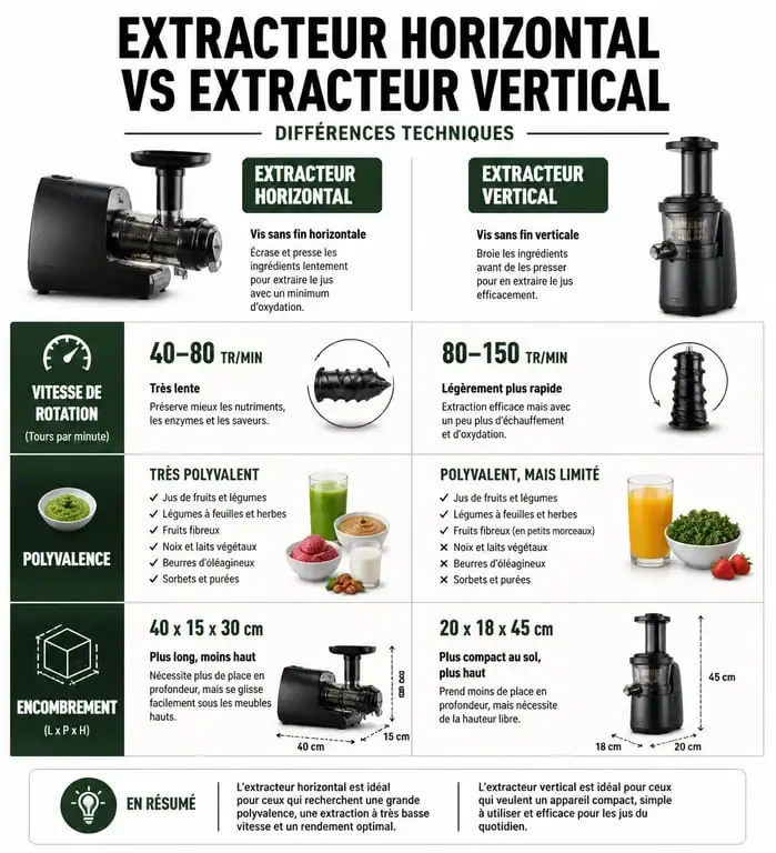 Infographie comparative des caractéristiques techniques pour choisir son extracteur de jus
