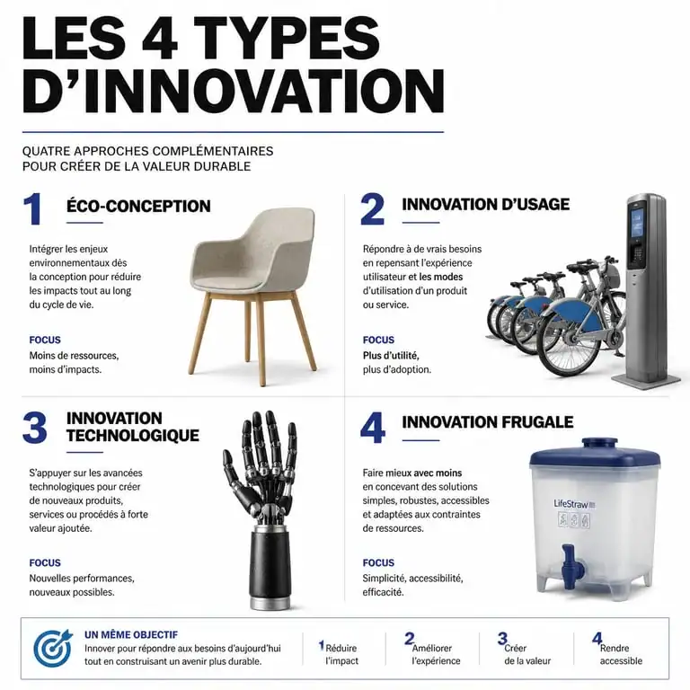 Infographie des quatre types d'innovation produit : éco-conception, usage, technologie et frugalité