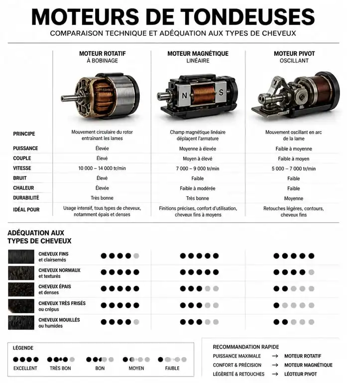Infographie comparative des moteurs de tondeuses à cheveux pour choisir le modèle adapté à sa nature de cheveux