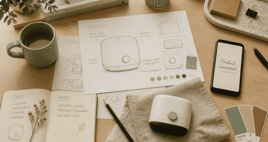 Vue flat-lay bureau produit innovant croquis prototype