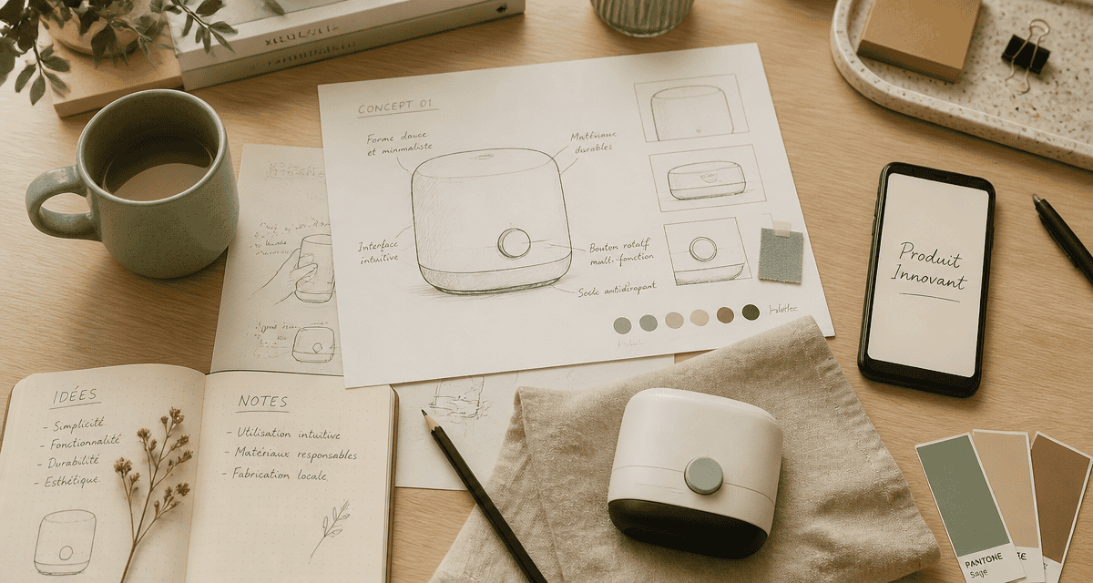 Vue flat-lay bureau produit innovant croquis prototype