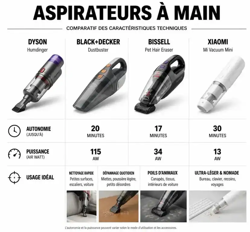 Infographie comparative des meilleurs aspirateurs à main : autonomie, puissance et usages recommandés pour choisir le modèle idéal.