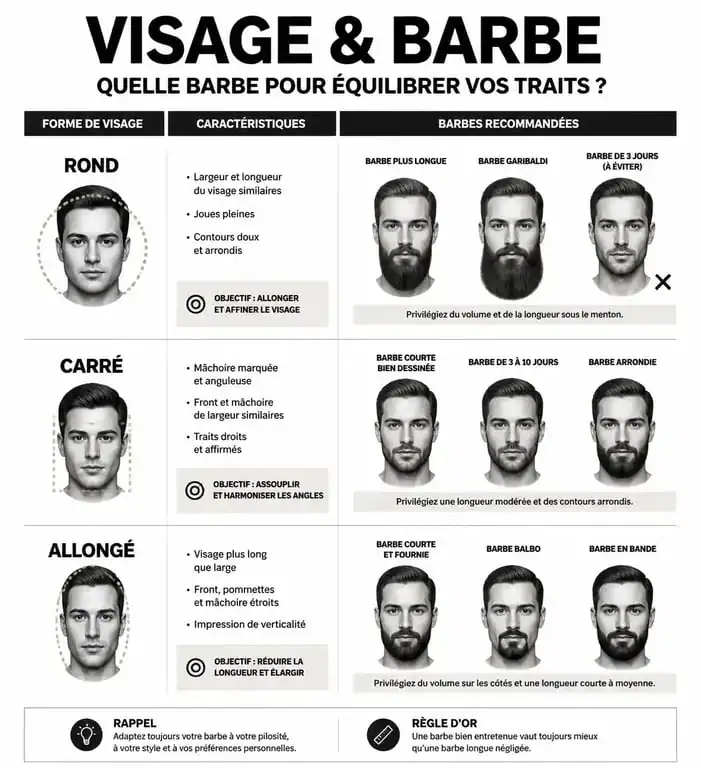 Infographie des styles de barbe homme selon la forme du visage