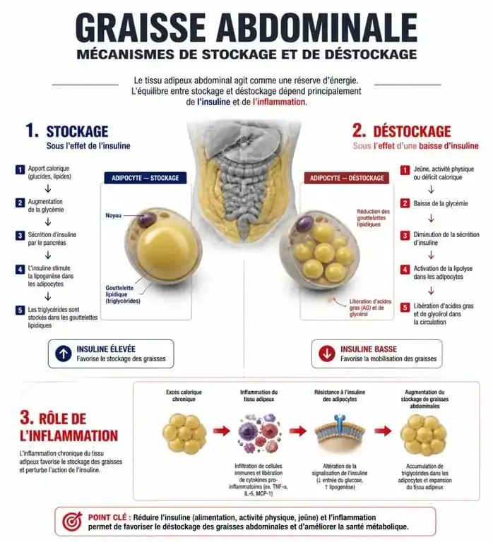 Infographie sur les mécanismes biologiques pour maigrir du ventre et réduire la graisse abdominale