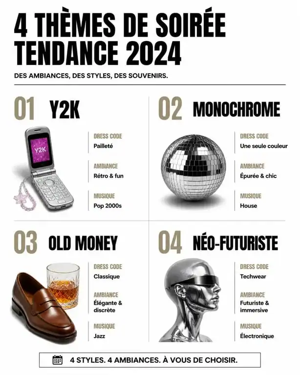 Infographie des thèmes de soirée tendance 2024 pour organiser un événement mémorable