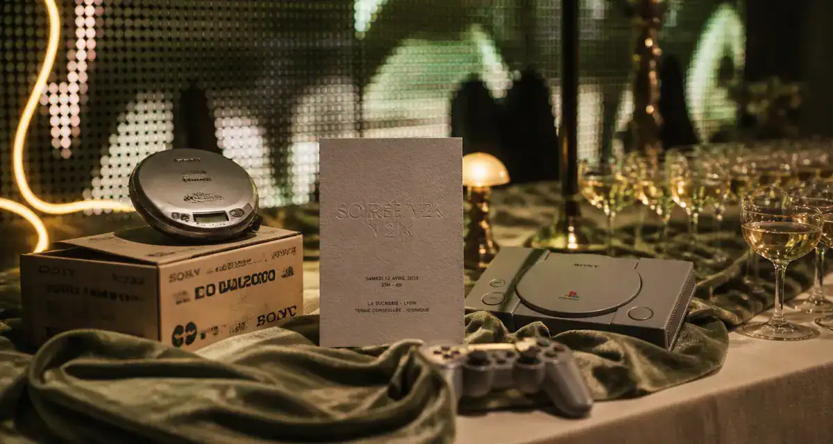 Thème de soirée tendance 2024 : déco Y2K immersive, néons et table de réception
