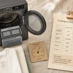 Sèche linge comparatif : pompe à chaleur 8-9 kg, filtre et bac à eau visibles