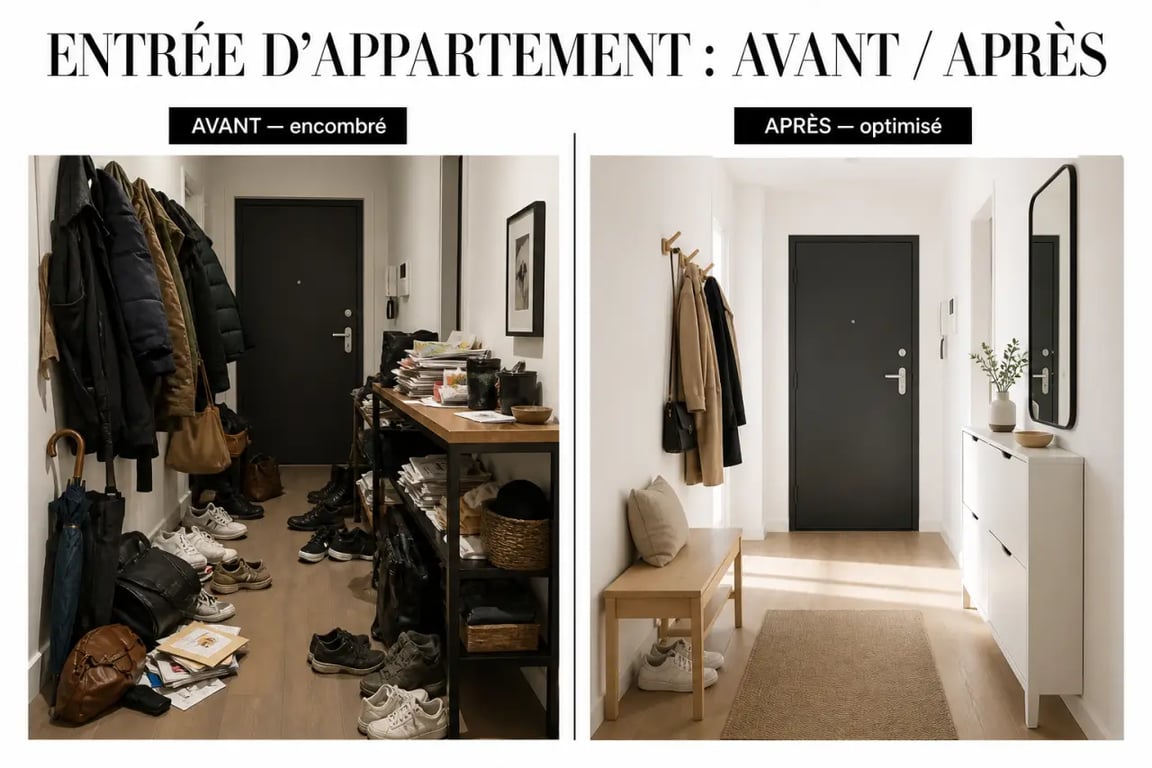 7 idées déco et astuces maison pour améliorer son intérieur au quotidien : entrée avant/après avec rangement compact et miroir