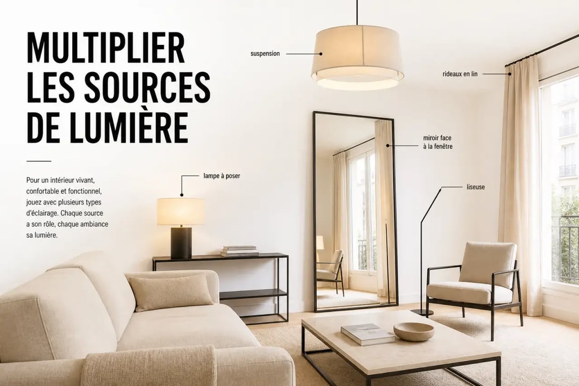 7 idées déco et astuces maison pour améliorer son intérieur au quotidien : salon lumineux avec miroir et éclairages multiples