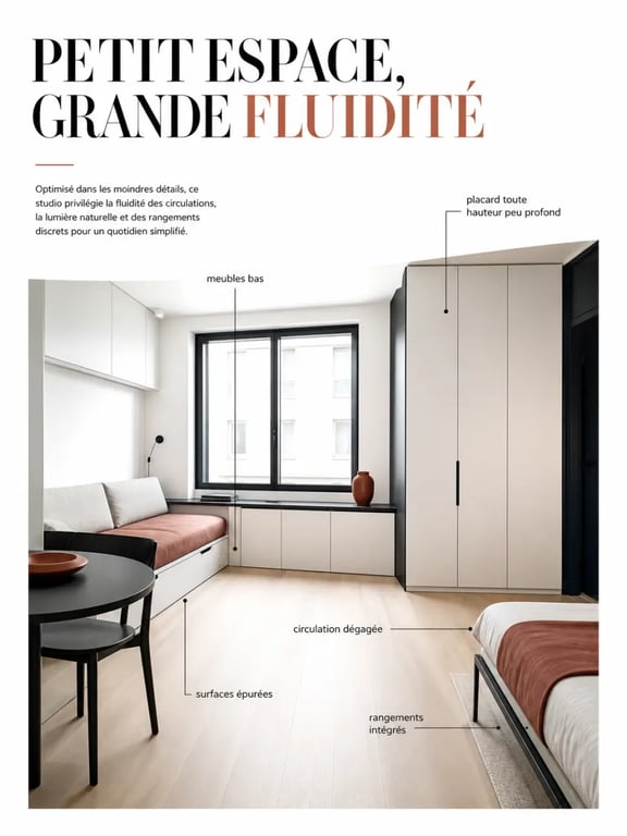 7 idées déco et astuces maison pour améliorer son intérieur au quotidien : petit espace optimisé avec meubles bas et rangements toute hauteur