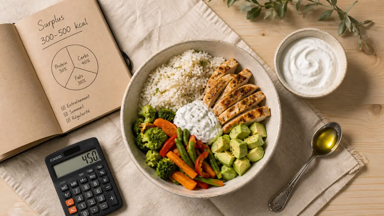 Manger prise de masse : surplus 300-500 kcal pour prendre du muscle sans trop de gras
