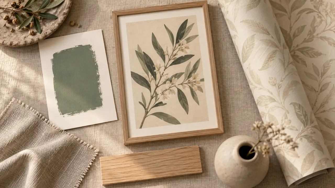 Decoration murale vert sauge, poster botanique et papier peint ton sur ton