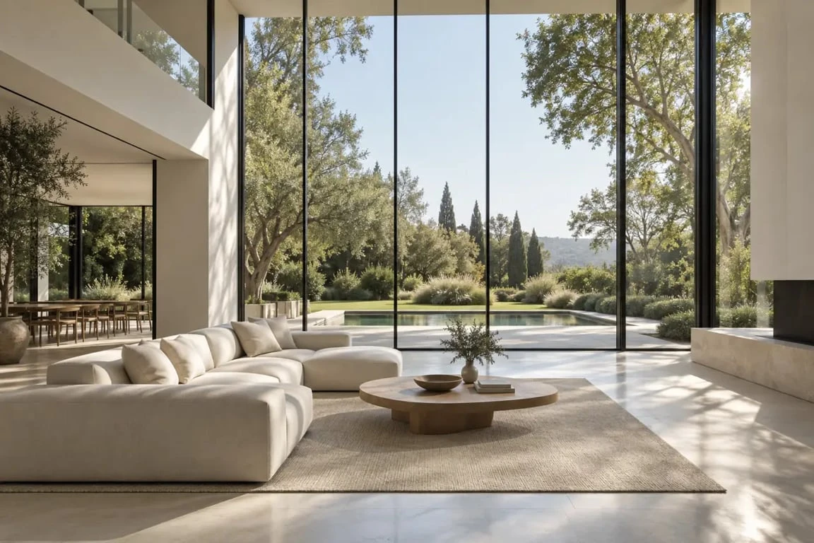Maison mur rideau vitré ouvrant le séjour sur le jardin