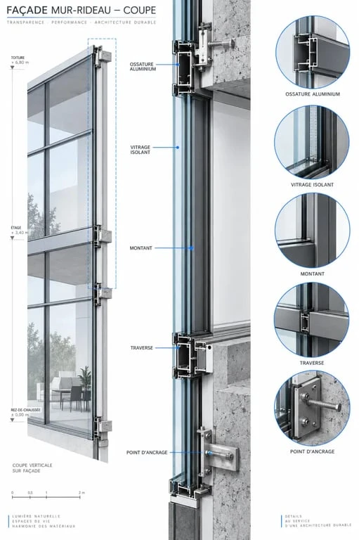 Schéma d'une maison mur rideau montrant l'ossature aluminium et le vitrage