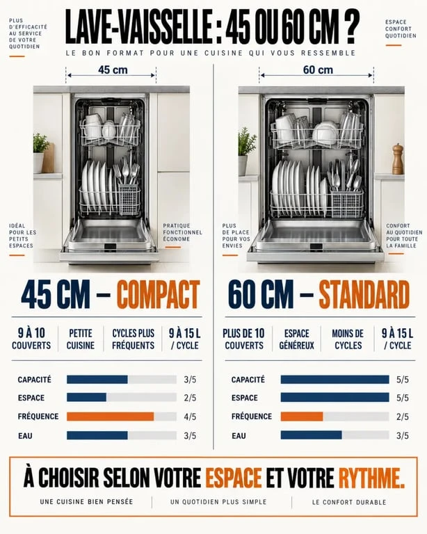 Infographie comparative pour choisir un lave-vaisselle de 45 ou 60 cm selon le nombre de couverts et la consommation
