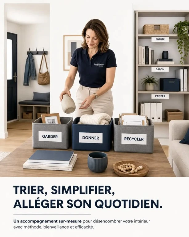Aide rangement maison : intervenante triant des objets dans un salon avec bacs de tri et espace réorganisé