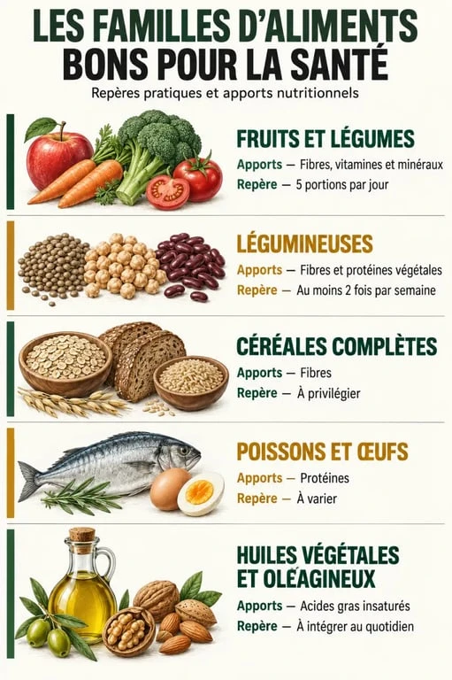 Infographie des familles d’aliments bons pour la santé et de leurs repères de consommation