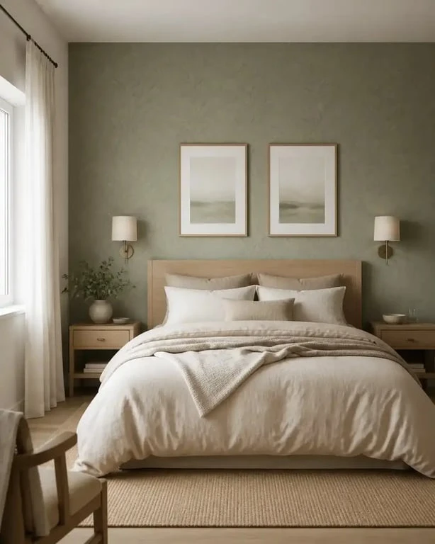 Décoration murale vert sauge dans une chambre avec papier peint feuillage