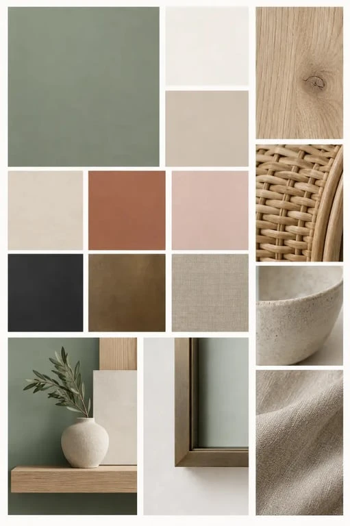 Association de couleurs et matériaux pour une décoration murale vert sauge