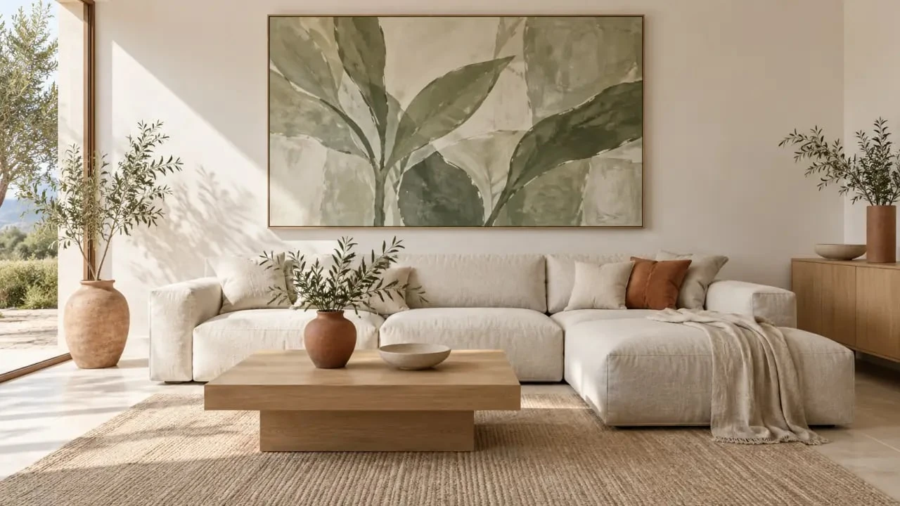 Décoration murale vert sauge avec tableau botanique dans un salon lumineux