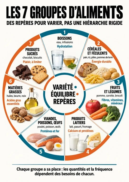 Les 7 groupes d aliments tableau illustré avec exemples et rôles nutritionnels