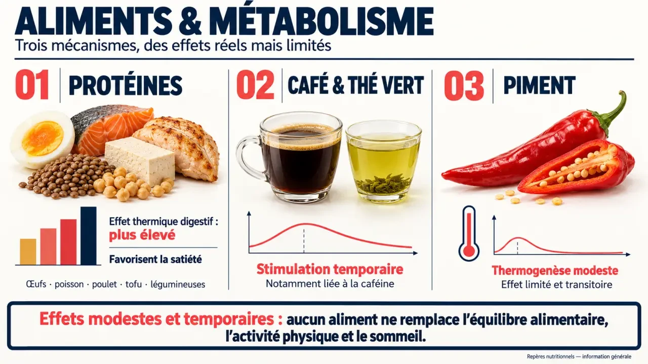Infographie sur les aliments qui boostent le métabolisme et leurs effets réels sur la thermogenèse et la satiété