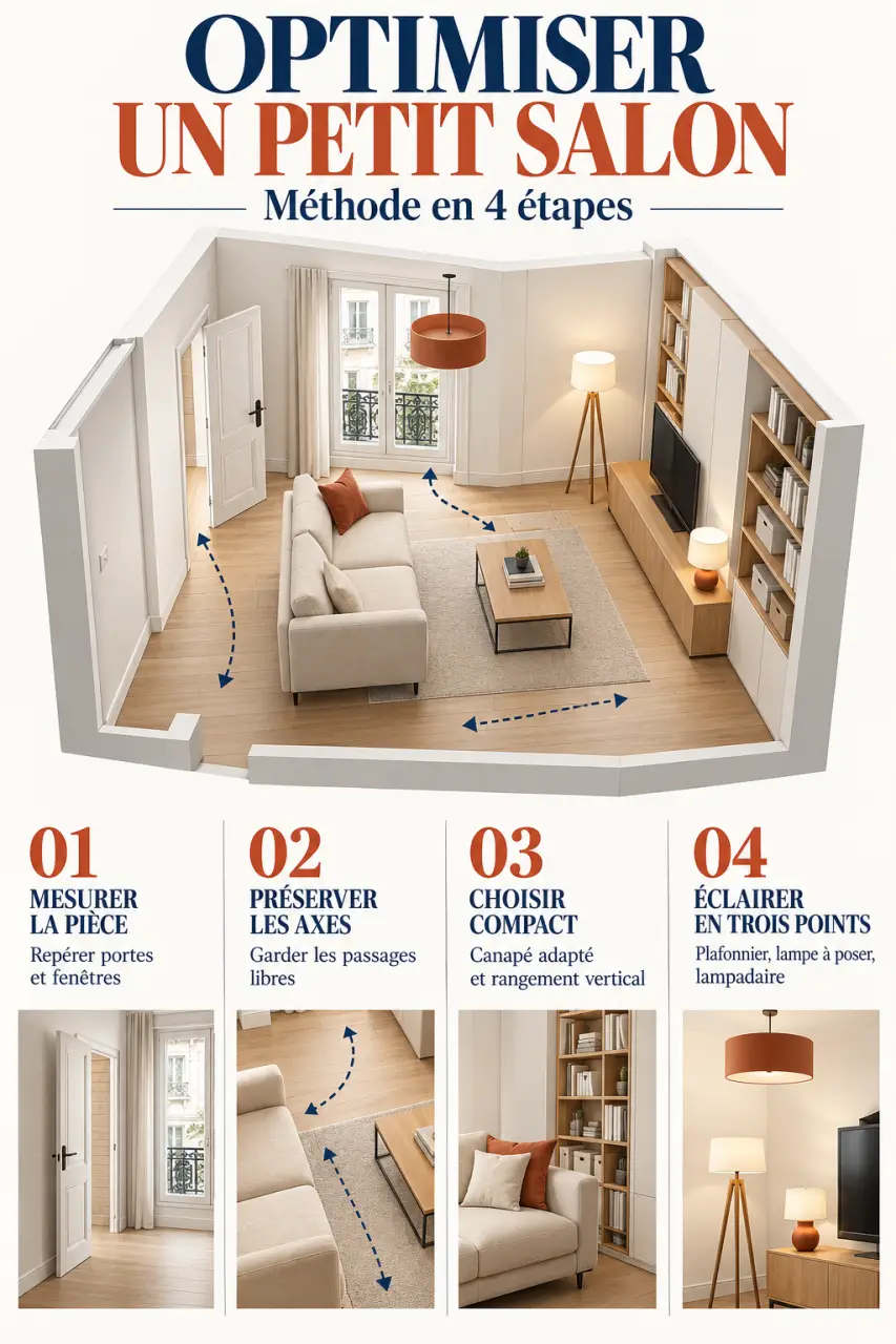 Méthode pour optimiser l’aménagement d’un petit salon moderne avec circulation, mobilier compact et éclairage