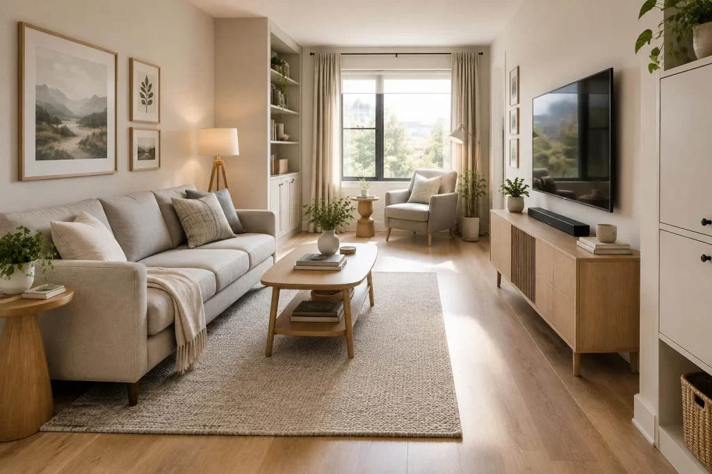 Un petit salon moderne gagne de l’espace avec un mobilier proportionné et une circulation fluide
